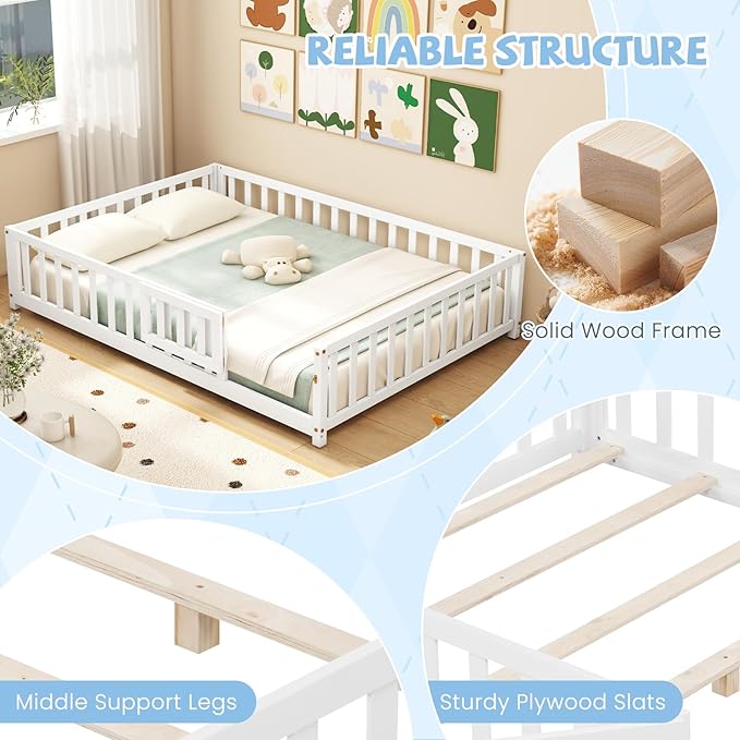 Giantex Full Size Floor Bed for Kids, Low Montessori Bed with Wood Slats & Safety Guardrails, Solid Wood Full Floor Beds with Fence and Door for Kids Boys Girls, White