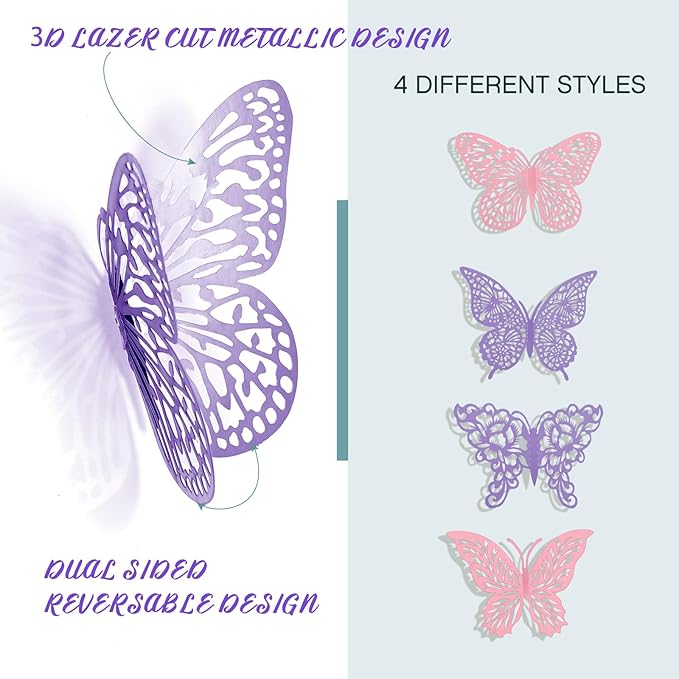 3D Butterfly Wall Decor 3 Sizes 4 Styles Butterfly Party Decorations Cake Decorations Removable Stickers Wall Decor Room Mural Metallic Kids (Purple+Pink, 48Pcs)