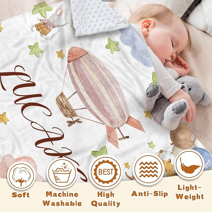 Personalized Baby Blanket for Girls, Custom Name Blanket for Newborn New Mom , Soft Flannel with Double Layer Dotted Backing, Gifts for Baby Shower Christmas Birthday, Hot Air Balloons(47"x60)