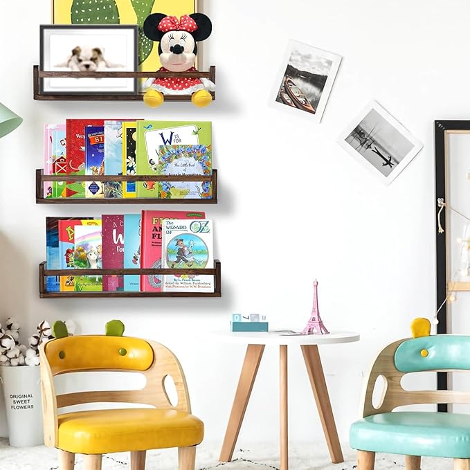 AZSKY Nursery Book Shelves 24 Inch Deep Walnut Floating Bookshelf for Kids Room Wall Mounted Floating Shelves Solid Nursery Bookshelf Perfect Decor for Kitchen Bedroom Living Room Set of 3