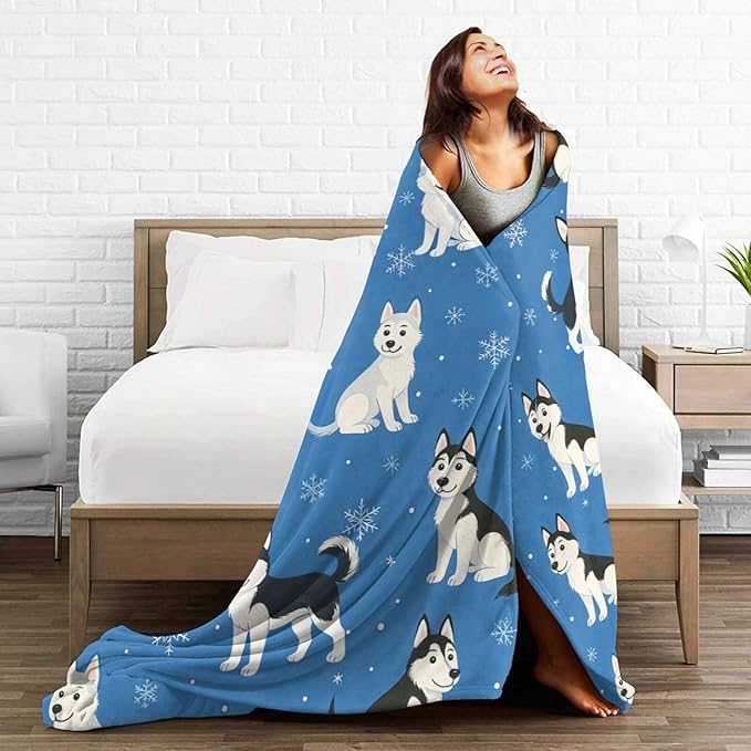 Cute Husky Blanket Huskies Dog Pattern Throw Blanket Soft Cozy Fleece Fuzzy Plush Warm Stuff Puppy Bedding Blankets Gifts for Husky Lover Boys Girls Kids Adult Men Women 50"X60"