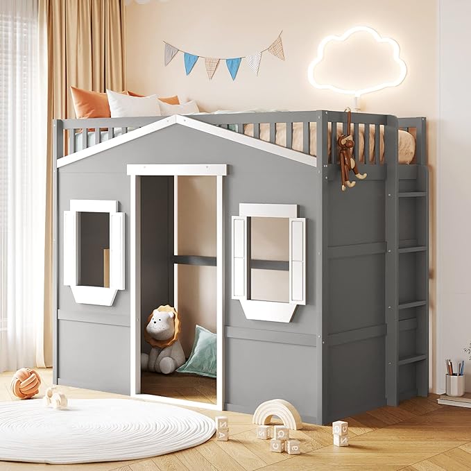 Twin Size Loft Bed with Safety Guardrail for Kids Boys Girls, Playhouse Design Solid Wood Loft Bed Frame with Ladder and Windows, Strong Wood Slats Support, Space-Saving (Gray+w Twin)