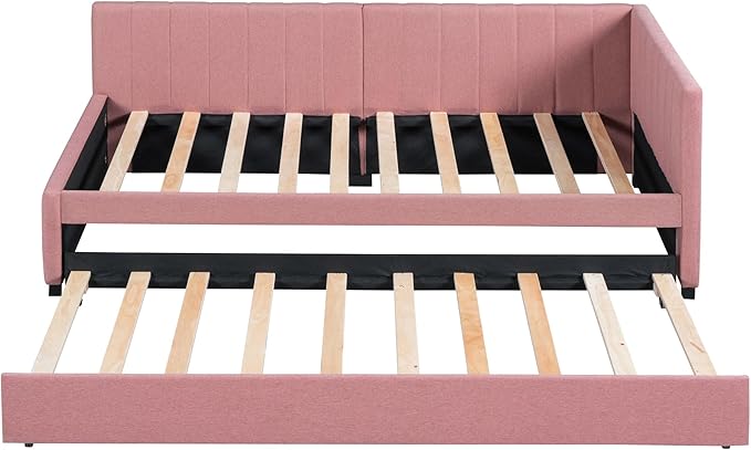 Harper & Bright Designs Upholstered Daybed with Trundle Twin Size Sofa Bed Frame No Box Spring Needed, Linen Fabric(Pink)