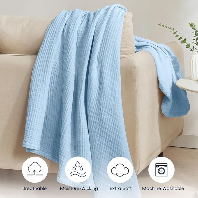 PHF 100% Cotton Muslin Blanket Twin XL Size 66"x90", 4-Layer Lightweight Gauze Throw, Breathable Cloud-Soft Minimalist Blanket for Bed, Couch, Camping & Baby, Sky Blue, Ideal Gift