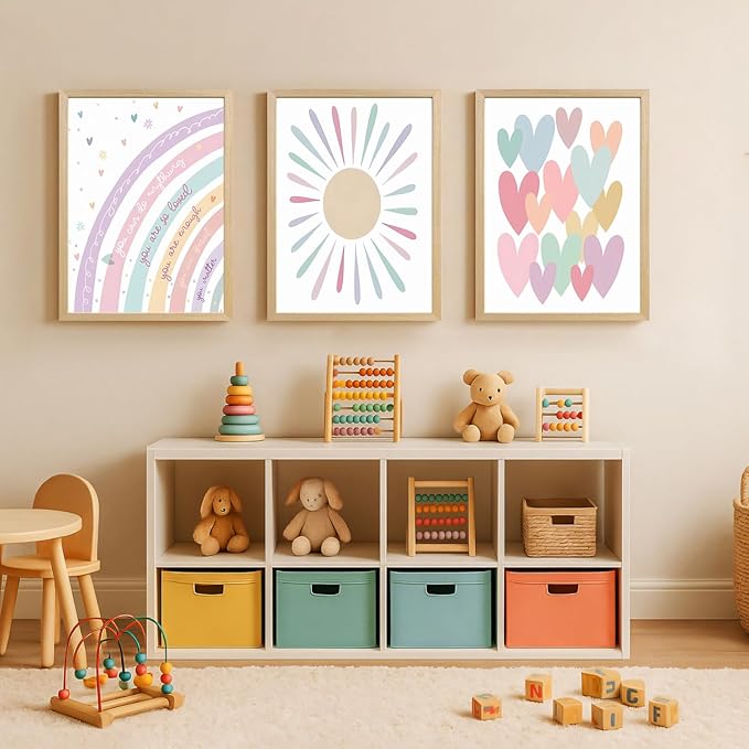 LLEEMPI Pink Heart Sun Rainbow Wall Art Set of 3, Baby Room Wall Decor, Boho Rainbow Nursery Canvas Painting, Classic Minimalist Poster Prints for Bedroom Bathroom Classroom Wood Framed 12x16 Inch