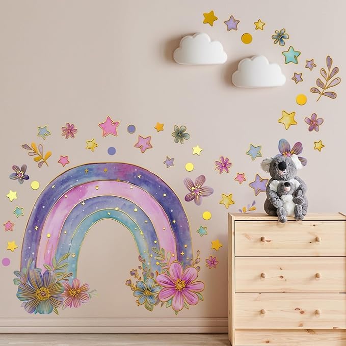 Colorful Rainbow Wall Stickers for Girls Room Watercolor Boho Rainbow Wall Decals & Murals Peel and Stick Floral Decor for Kids Room Nursery Bedroom (Purple)