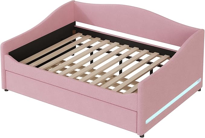 Merax Full Size Upholstered Daybed with Light and Trundle, Pink Teddy Fleece Sofa Bed Modern Wooden Platform Bed Frame for Bedroom, Living Room, Guest Room, Apartment