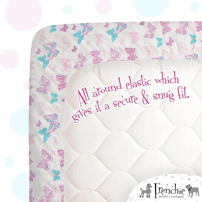 Frenchie Mini Couture, Fitted Crib Sheet Single, 100% Woven Cotton, Toddler Fitted Sheet, Fits Standard Size Baby Mattress 28 x 52 x 8in, Butterfly (White)