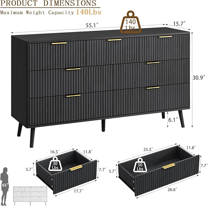 CARPETNAL Fluted 7 Drawer Dresser for Bedroom, 55" Wide Wooden Chest of Drawers with Rounded Corners, Gold Handles, Modern Storage Organizer for Bedroom, Hallway(Black)