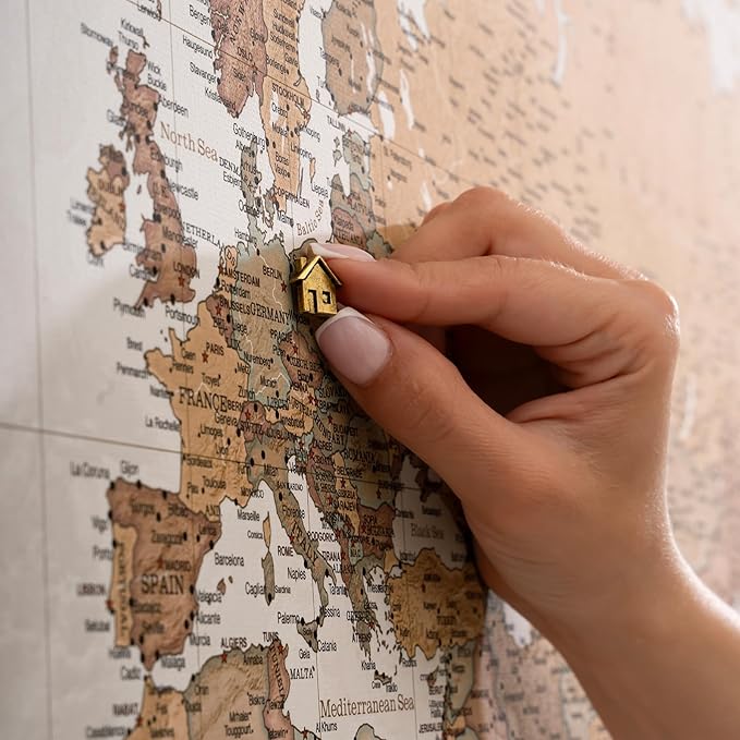 Canvas World Map with Cork Pin Board - English Lettering - Decorative Wall Decoration for All Rooms - Canvas Pictures with World Map Motif (150x100 cm, Pattern 16)