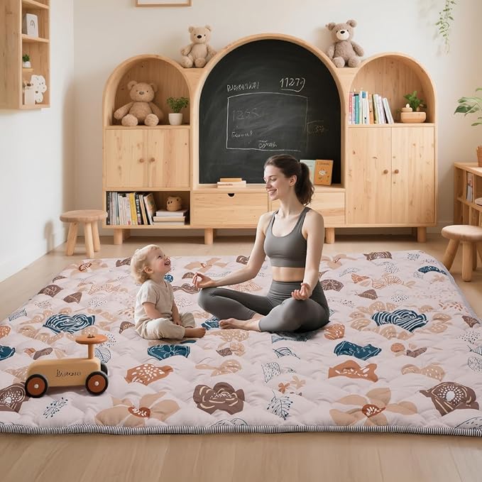 Baby Play Mat for Floor,50x50 Inch Soft Padding Crawling Mat for Playpen, Foldable and Machine Washable, Thick for Babies & Toddlers,Boho Flower