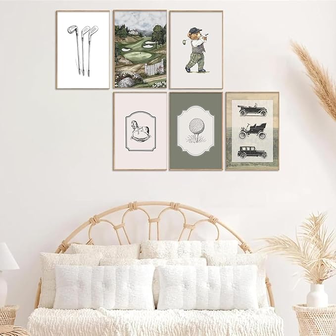 6Pcs Sage Green Vintage Nursery Wall Art Teddy Bear Golf Sports Wall Decor Toddler Vehicle Painting Pictures Vintage Cars Farmhouse Poster for Kids Boys Room Playroom Bedroom 12x16in Unframed