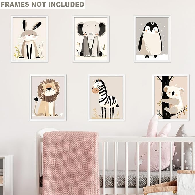 RoyoLam Cartoon Animal Canvas Wall Art Prints - Set of 6 Unframed 8x10 Inches, Scandinavian Style Illustrations Nursery Decor for Kids Room and Playroom