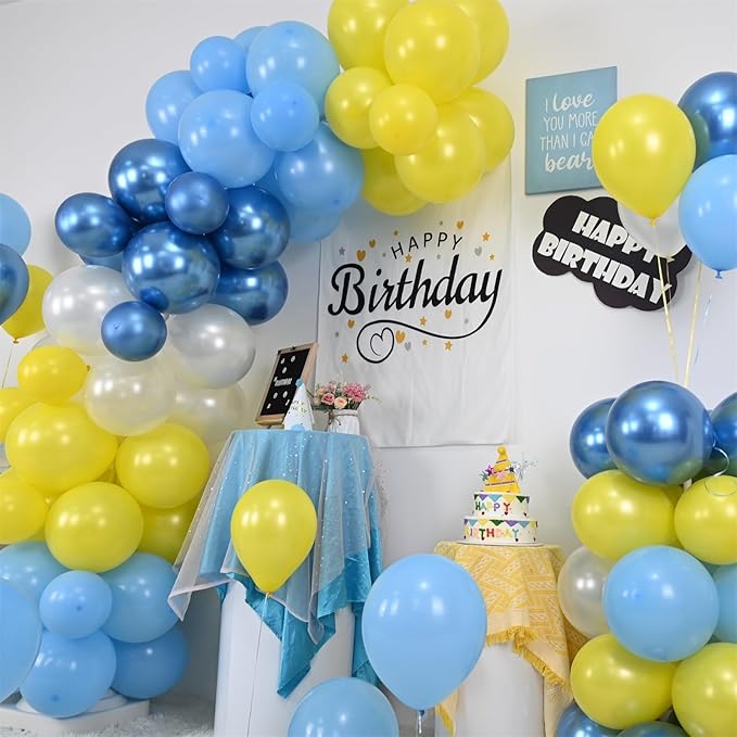 Blue and Yellow Balloons Set, 60Pcs 12 Inch Lemon Yellow Pastel Baby Sky Metallic Blue White Latex Balloons for Birthday Baby Bridal Shower Cartoon Party Deocrations Supplies