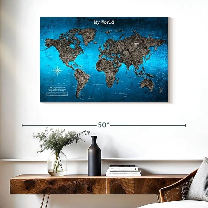 ElephantStock - My World Push Pin Travel Map Iii Wall Art - Horizontal Canvas Wall Art - Living Room Wall Decor - Digital Art Map Canvas Art - Turquoise And Blue Decor - 39" x 26"