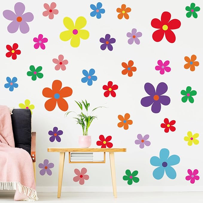 TaoBary 12 Sheets Daisy Wall Decal Flower Wall Sticker Cute Daisy Sticker Pink White Flower Decal Peel and Stick Floral Wallpaper for Nursery Bedroom Home Decor(Vivid Color,Exquisite Style)