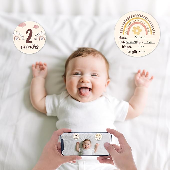 Baby Monthly Milestone Cards Sign - Double Sided Wooden Milestone Cards with Rainbow Design, Wooden Circles Discs for Photo Props Birth Announcement Board, Baby Shower/Gift Newborn Sign Set(13pcs)