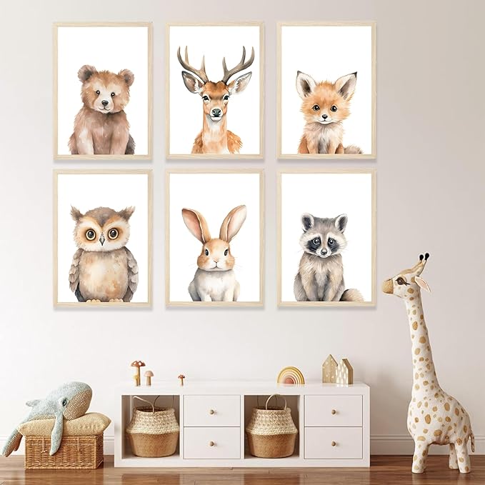 6 Animal Wall Art for Kids Room, Baby Room, Woodland Animals, Cute Bear, Deer, Rabbit Poster Prints, Safari Themed Paintings for Boys Girls Room (12x16 Inch Posters)
