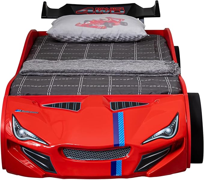 Furniture of America Redvers Modern Wood Twin-Size Kid Bed with Race Car Design and Pull-Out Trundle, No Box Spring Required for Toddler, Teens, Boys or Girls, Red