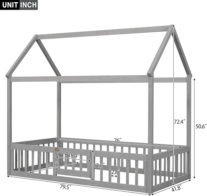 Twin Size Wood House Bed with Fence and Door, Bedroom Distressed Washed Design Bed Frame W/ a Whimsical Sky Roof,Easy to Assemble,for Kids Teens Girls Boys,Gray Wash