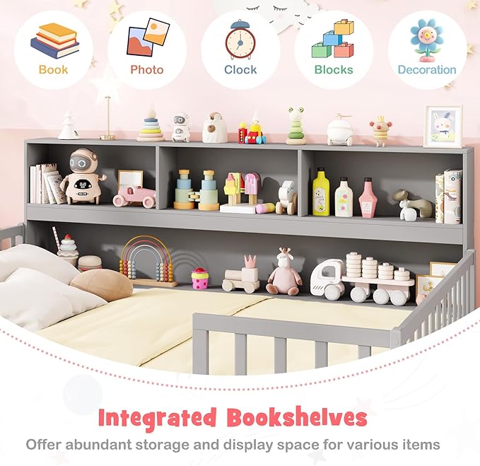 KOMFOTT Full Floor Bed with Bookcase & Shelves, Wood Bed Frame with Bedside Bookshelves & Guardrails, Versatile 2-in-1 Montessori Floor Bed for Kids (Grey)