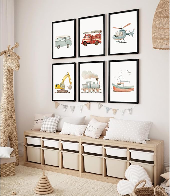 Car Wall Art Boys Room Canvas Wall Decor Nursery Prints Transportation Vehicle Wall Art Kids Toddler Poster Construction Truck Picture Boy Nursery Artwork for Bedroom Playroom 12x16x6 Inch Wood Framed