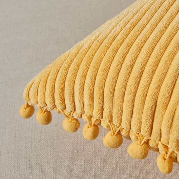 Fancy Homi Pack of 2 Soft Corduroy Decorative Throw Pillow Covers with Pom-poms, Euro Pillow Solid Square Big Cushion Case Set for Couch Sofa Bedroom Car Living Room (24x24 Inch/60x60 cm, Yellow)