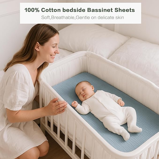 Muslin Bedside Sleeper Bassinet Fitted Sheets, 3 Pack Cotton Baby Sheet for Boys & Girls, Soft, Compatible with Baby Delight, Dream On Me, AMKE and Other Rectangle Mattress (Blue)