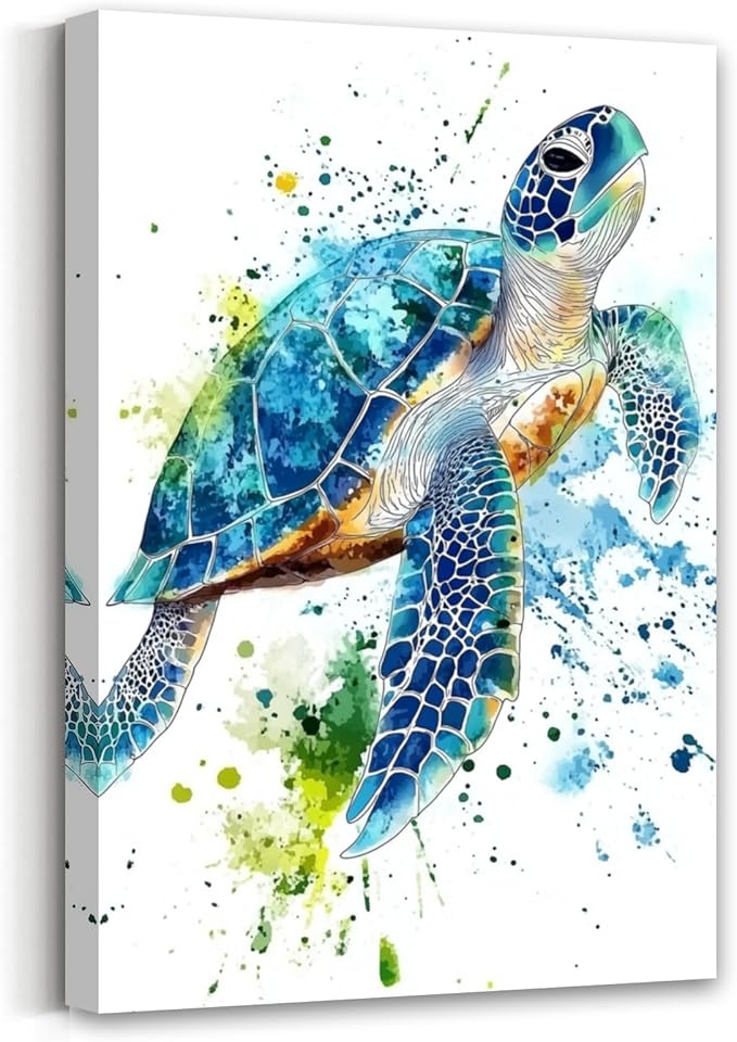 AWPANERAR Sea Turtle Wall Art Bathroom Pictures Watercolor Sea Life Canvas Prints Ocean Animal Poster Nautical Theme Artwork for Kids Room Nursery Decor Framed (White, (36L x 24W))