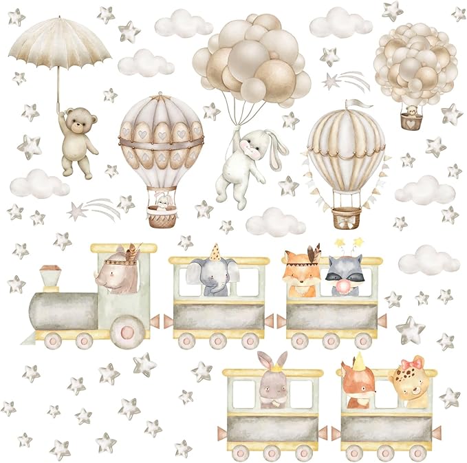 Train Animal Wall Decals Cartoon Hot Air Balloon Animal Wall Stickers Watercolor Star Cloud Decals Boho Nursery Decal Cute Animal Train Stickers for Kids Bedroom Baby Room Playroom Decor