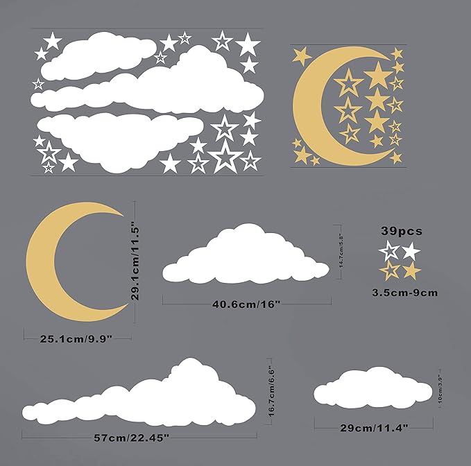 GESTYZ Vinyl Wall Stickers, Stars and Clouds Decal, White, Gold, for Nursery, Bedroom, Kids Room Wall Decoration