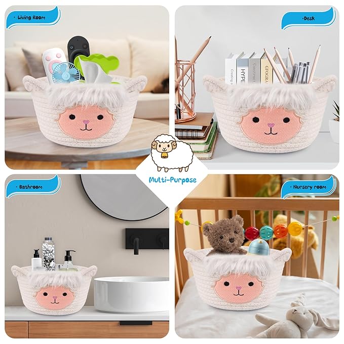 Small Storage Basket for Nursery, Sheep Woven Animal Gift Basket, Round Woven Rope Cotton Storage, Baby Blanket 0rganizer with Ears Handles, Blanket Towel Decor Storage Bins, 8.2"D x 4.7"H IN