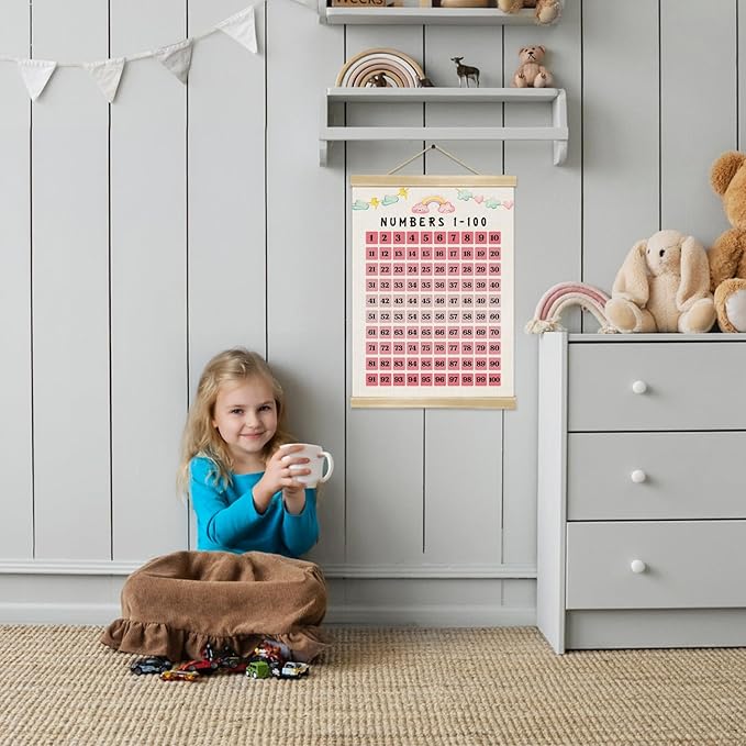 Numbers 1-100 Poster for Kids,Children's Education Poster,Montessori-Inspired Linen Number Chart ,Pink Math Wall Art for Toddlers, Preschool, Kindergarten & Homeschool Decor 14x18.5In(Pink）