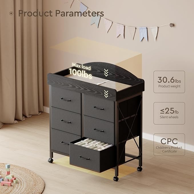 Baby Changing Table Dresser with Wheels, 6-Fabric Drawer Baby Dresser with Changing Table Top, Waterproof Diaper Changing Station & Pad, Mobile Storage Unit, Compact Baby Furniture, Black