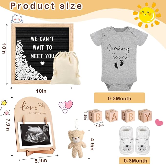 9 Pcs Pregnancy Announcements Set, Include Felt Letter Board Baby Bodysuit Shoes and Wooden Sign Surprise Announcement for Grandparents Partner Gift Family Reveal(Grey Coming soon-white shoe)