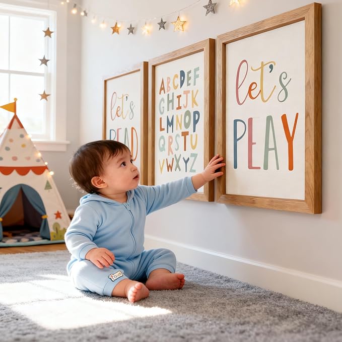 3 PCS Alphabet Framed Playroom Wall Decor,Classroom Must Haves Boho Educational ABC Poster Wooden Sign for Baby Girl Kid Boy Toddlers,Neutral Preschool English Letters Nursery Decor for Homeschool Kindergarten Kids Learning Natural