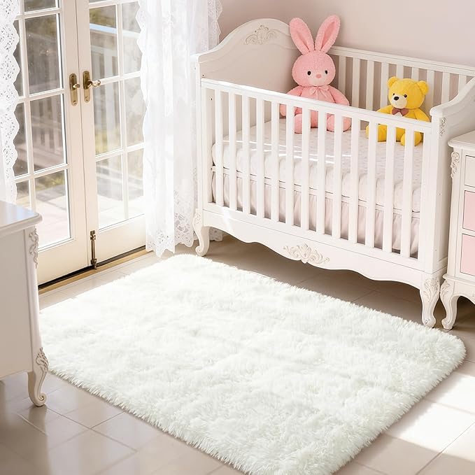 Merelax Soft Modern Indoor Shaggy Area Rug for Bedroom Livingroom Dorm Kids Room Home Decorative, Non-Slip Plush Fluffy Furry Fur Rugs Comfy Nursery Accent Floor Carpet 3x5 Feet, Ivory