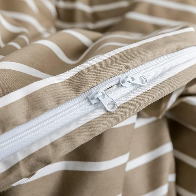 JELLYMONI Queen Duvet Cover Set, Cotton Duvet Cover 3 Pieces with Zipper Closure, 1 Duvet Cover and 2 Pillowcases(Khaki with White Striped)