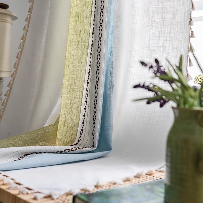 Deeprove Boho Linen Curtains 63 inch for Bedroom Living Room, Semi Blackout American Farmhouse Tassels Window Treatment Bohemian Embroidery Drape Rod Pocket 1 Panel 52" W x 63" L, Blue and Sage Green