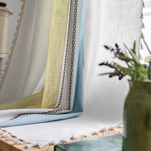 Deeprove Boho Linen Curtains 63 inch for Bedroom Living Room, Semi Blackout American Farmhouse Tassels Window Treatment Bohemian Embroidery Drape Rod Pocket 1 Panel 52" W x 63" L, Blue and Sage Green
