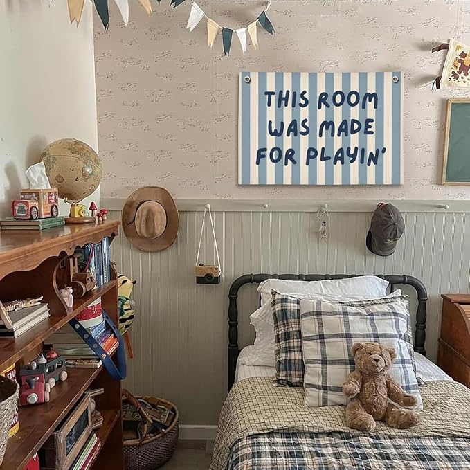 Playroom Decor, Toddler Boy Room Decorations Banner, Blue Striped Wall Flag for Kids Nursery Room Playroom Decor, 20x30 Inch
