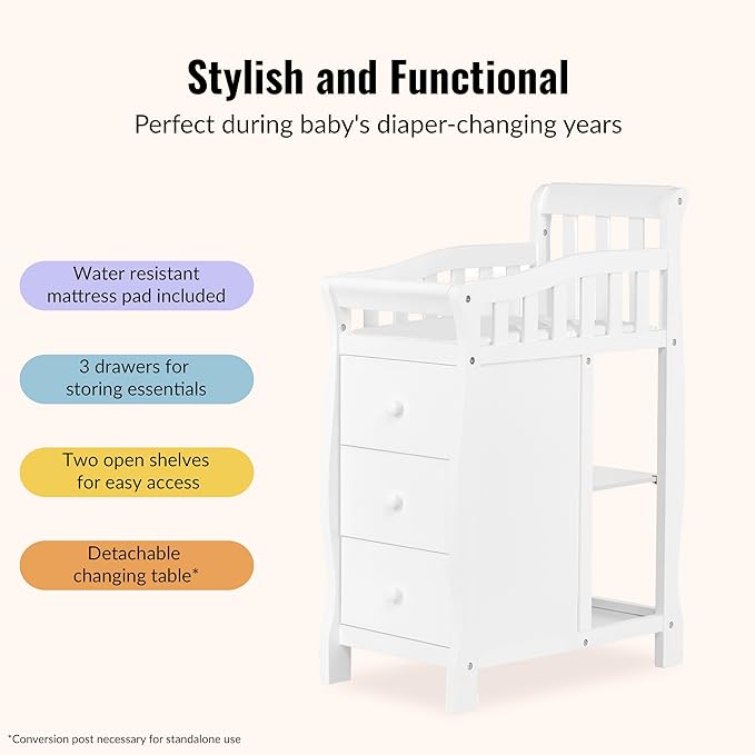 Dream On Me Jayden 4‑in‑1 Mini Convertible Baby Crib & Changer with Storage in White, Pinewood, GreenGuard Gold & JPMA, 1” Mattress Pad, 3 Mattress Heights, Converts to Mini Day & Twin-Size Bed