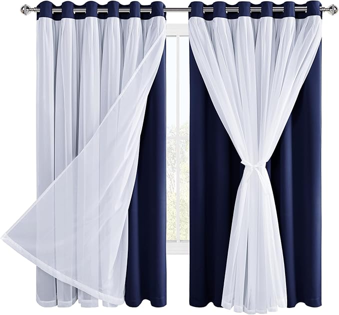 Hiasan Blackout Curtains with Sheer Overlay, Thermal Insulated Privacy Mix and Match Double Layer Window Curtains for Bedroom, Living Room, 2 Drape Panels Sewn with Tiebacks, Navy Blue, 70W X 63L