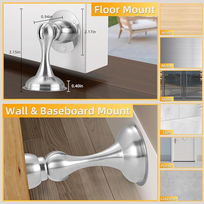 YDAJIURI 2Pack Magnetic Door Stop No Drilling Door Stop with 3D Adhesive Tapes Keep Door Open Door Stainless Steel Screws for Stronger Mount（Silver）