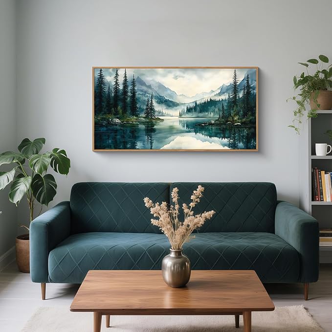 HLNIUC Green Foggy Forest Mountain Wall Art Framed,Large Boho Watercolor Pine Tree Wall Decor (20"x40"), Nature Dark Lake Landscape Scenery Canvas Painting for Living Room, Bedroom, Office