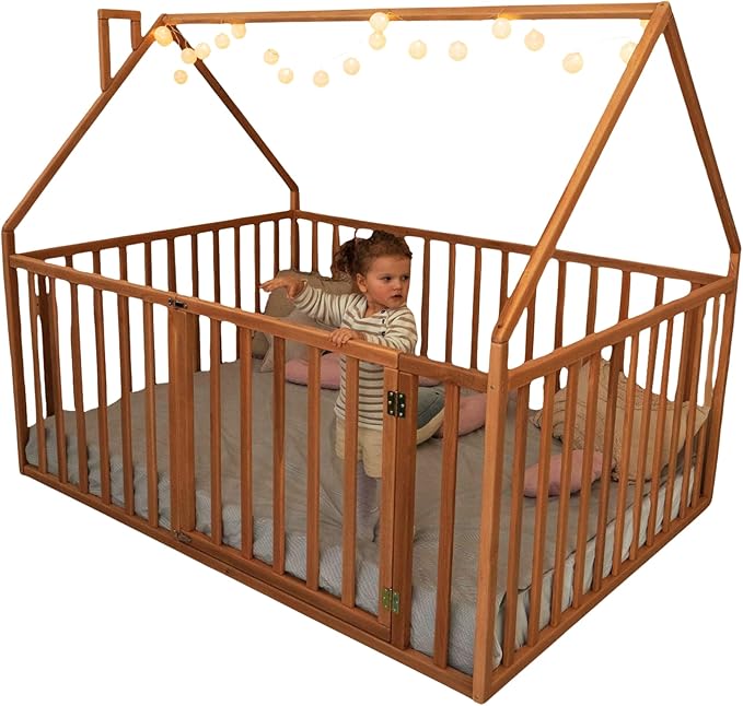 BUSY WOOD Montessori Bed with High Rails for Toddlers - Twin Floor Bed - Full, Queen, King, Small - Wooden Floor Bedframe (Model 21)