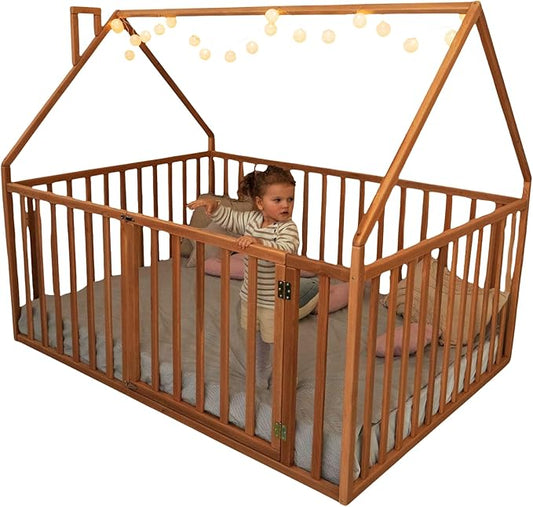BUSY WOOD Montessori Bed with High Rails for Toddlers - Twin Floor Bed - Full, Queen, King, Small - Wooden Floor Bedframe (Model 21)