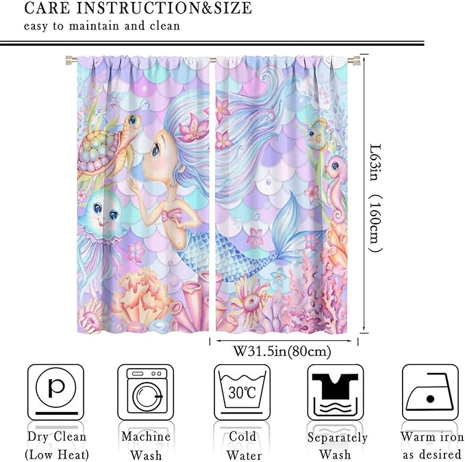 Fantasy Mermaid Curtain Dream Cartoon Marine Organisms Turtle Coral Ocean Theme Dream Blackout Window Treatment for Kids Girls Bedroom Nursery Room Decor Rod Pocket Window Drapes 63x63in