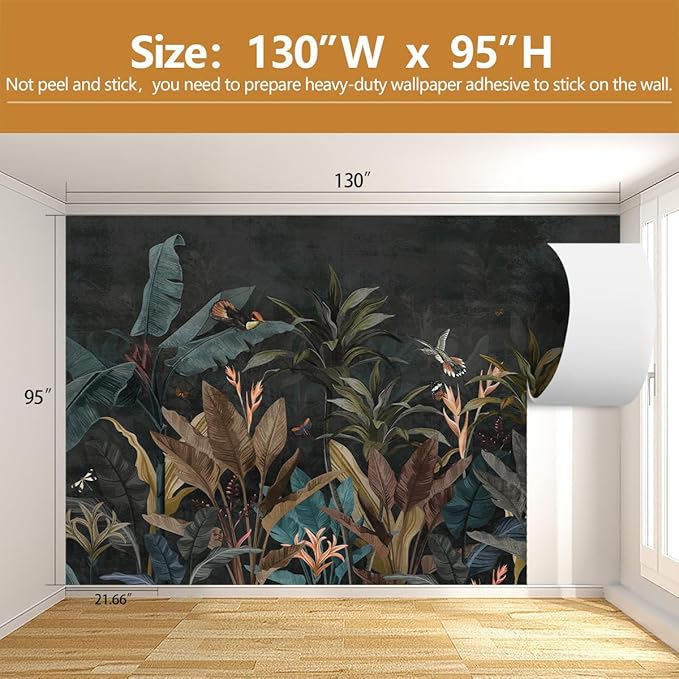 Tropical Botanical Wallpaper Dark Jungle Plant Leaf Wall Mural for Living Room Bedroom（Not Peel and Stick）