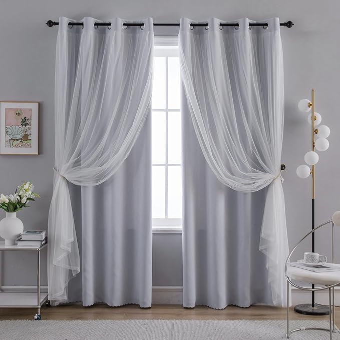 Anytime Home Curtains Blackout and Sheer Layered Solid Window Curtain Panel Pair with Grommet Top, 52Wx108L,Greyish White